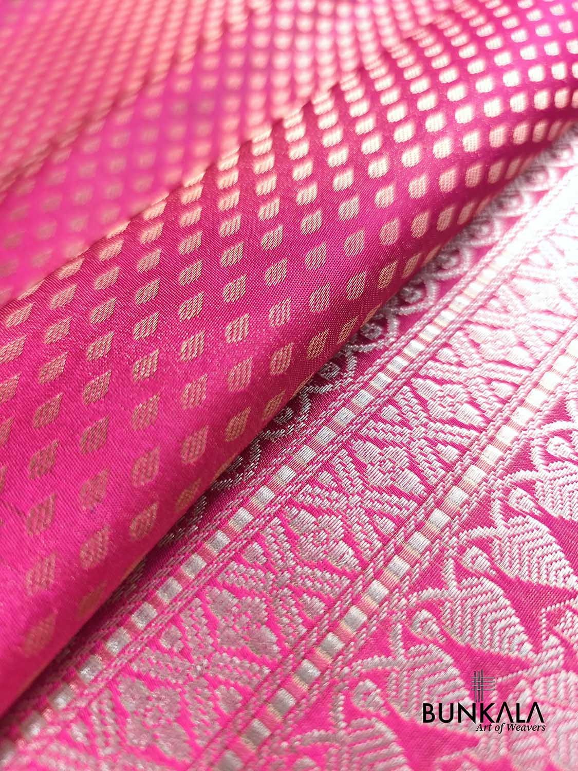 Fuchsia Pink Buti Banarasi without Border Mashru Silk Saree