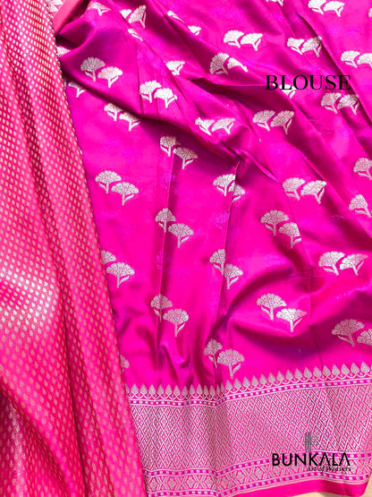 Fuchsia Pink Buti Banarasi without Border Mashru Silk Saree