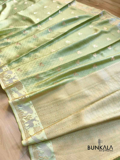 Pista Green Birds Motif Brocade Tanchui Banarasi Mashru Silk Saree Deer Border