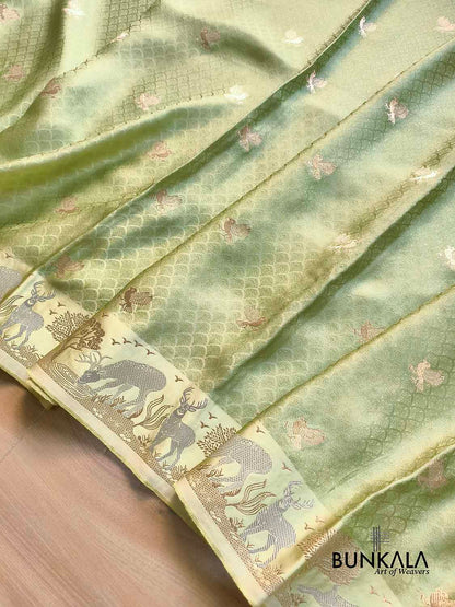 Pista Green Birds Motif Brocade Tanchui Banarasi Mashru Silk Saree Deer Border