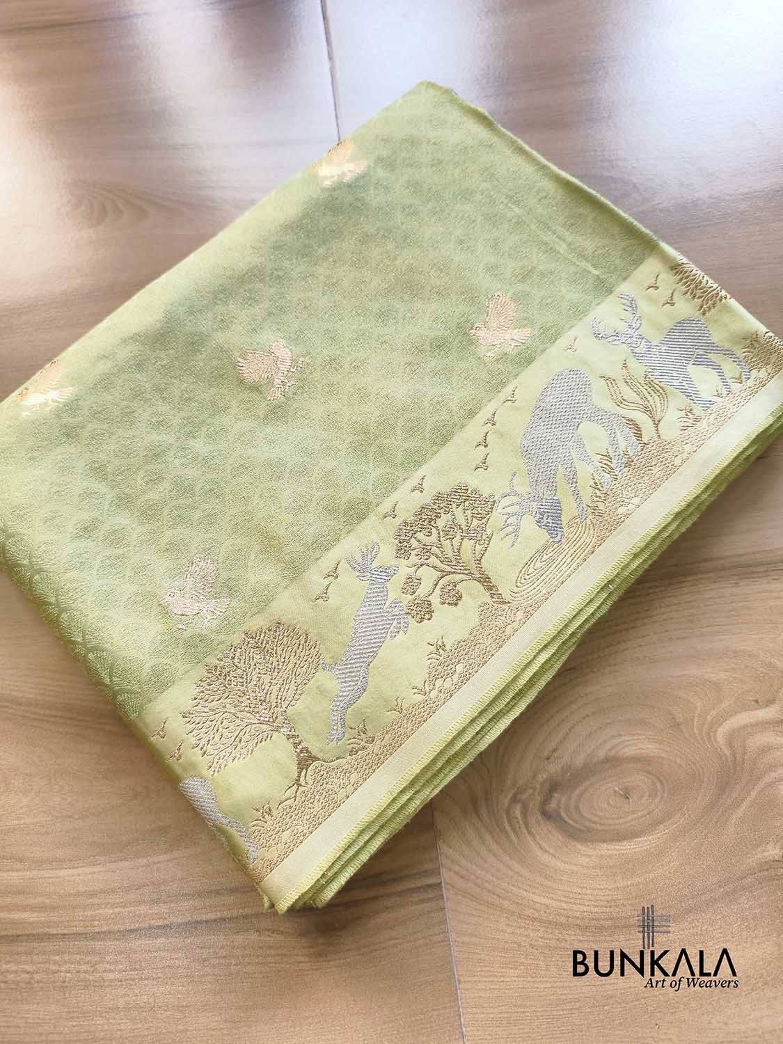 Pista Green Birds Motif Brocade Tanchui Banarasi Mashru Silk Saree Deer Border