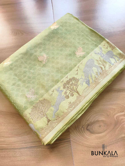 Pista Green Birds Motif Brocade Tanchui Banarasi Mashru Silk Saree Deer Border