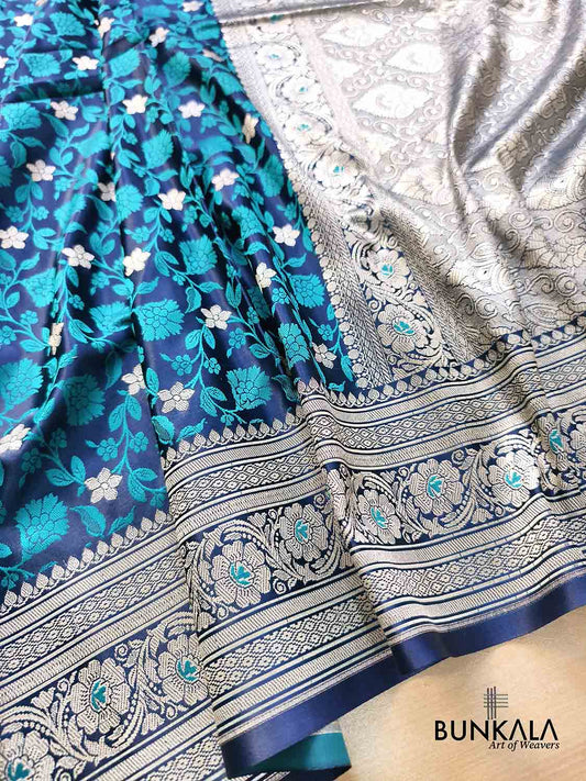 Navy Blue Jamewar Floral Jaal Weaved Banarasi Mashru Silk Saree