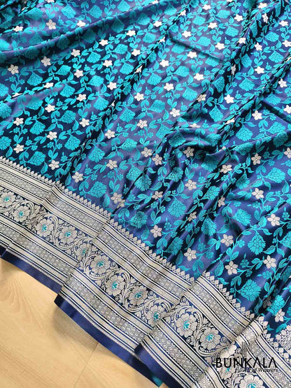 Navy Blue Jamewar Floral Jaal Weaved Banarasi Mashru Silk Saree