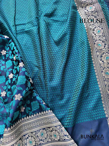 Navy Blue Jamewar Floral Jaal Weaved Banarasi Mashru Silk Saree