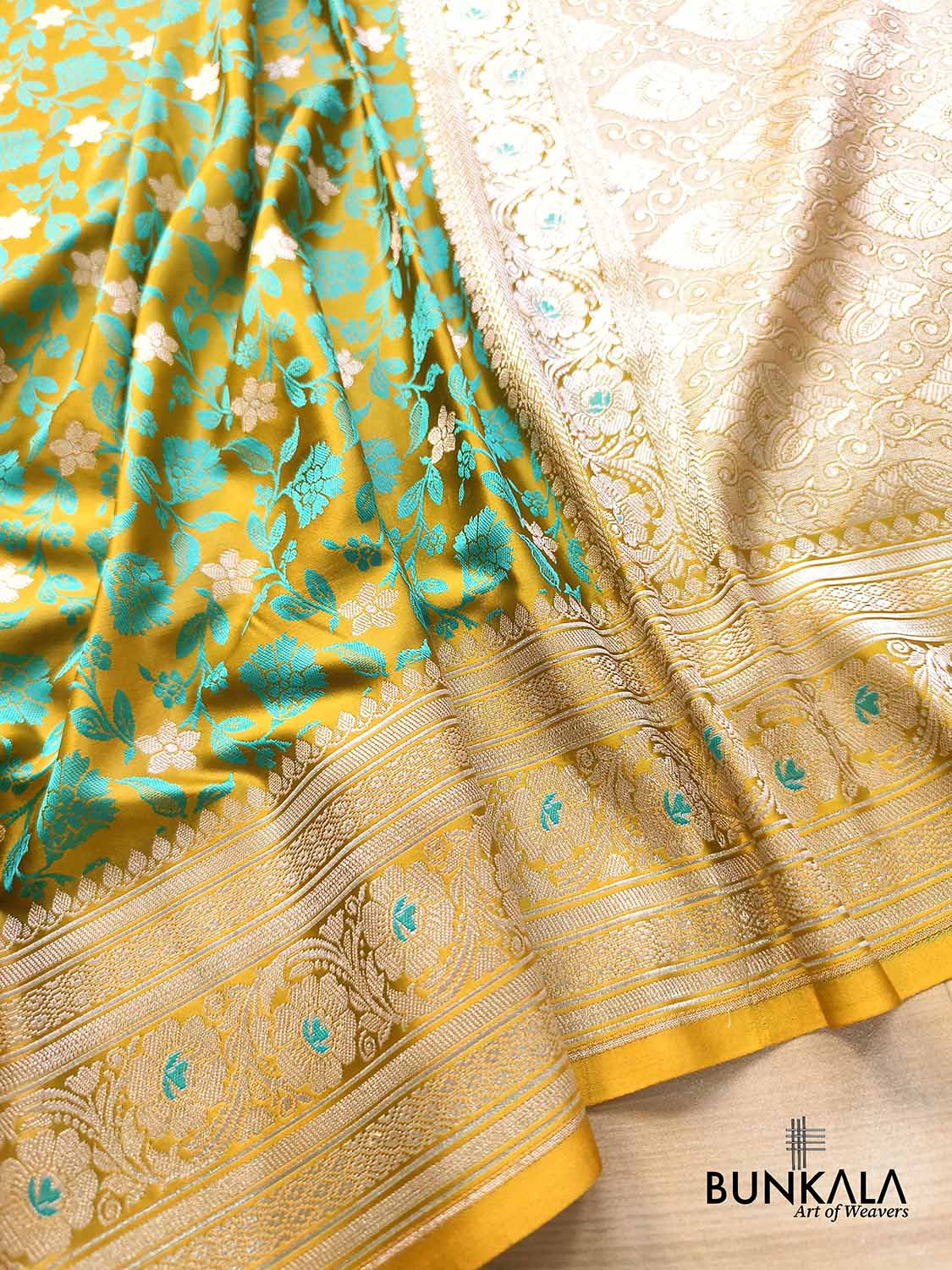Mustard Yellow Jamewar Turquoise Blue Floral Jaal Weaved Banarasi Mashru Silk Saree
