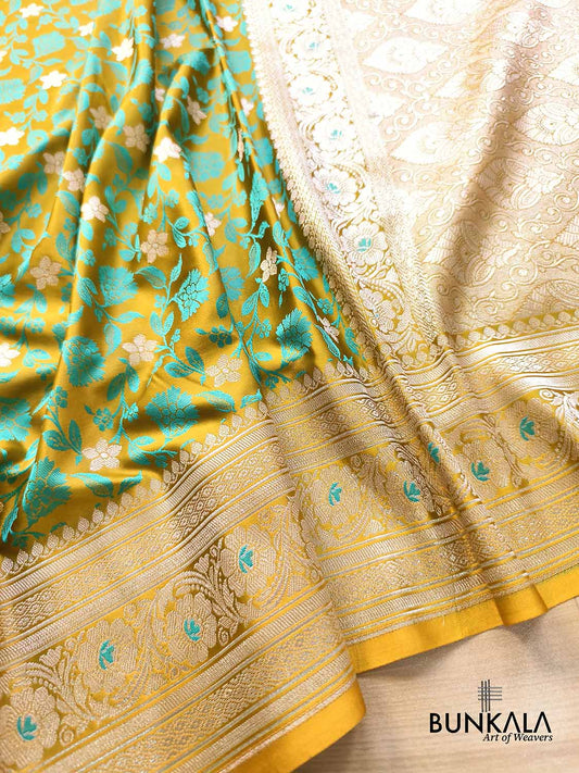 Mustard Yellow Jamewar Turquoise Blue Floral Jaal Weaved Banarasi Mashru Silk Saree