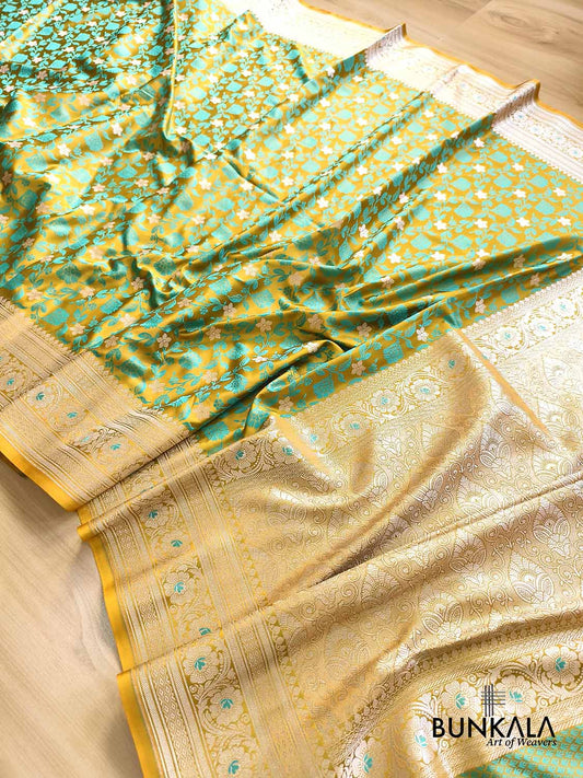 Mustard Yellow Jamewar Turquoise Blue Floral Jaal Weaved Banarasi Mashru Silk Saree