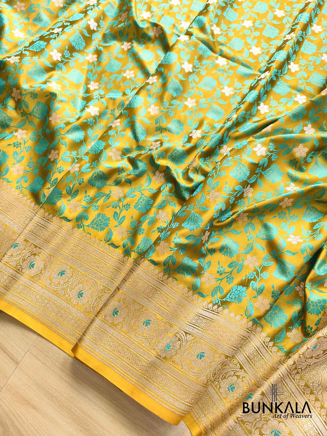 Mustard Yellow Jamewar Turquoise Blue Floral Jaal Weaved Banarasi Mashru Silk Saree