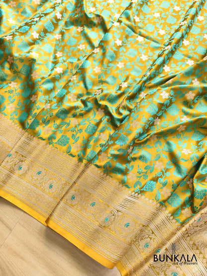Mustard Yellow Jamewar Turquoise Blue Floral Jaal Weaved Banarasi Mashru Silk Saree