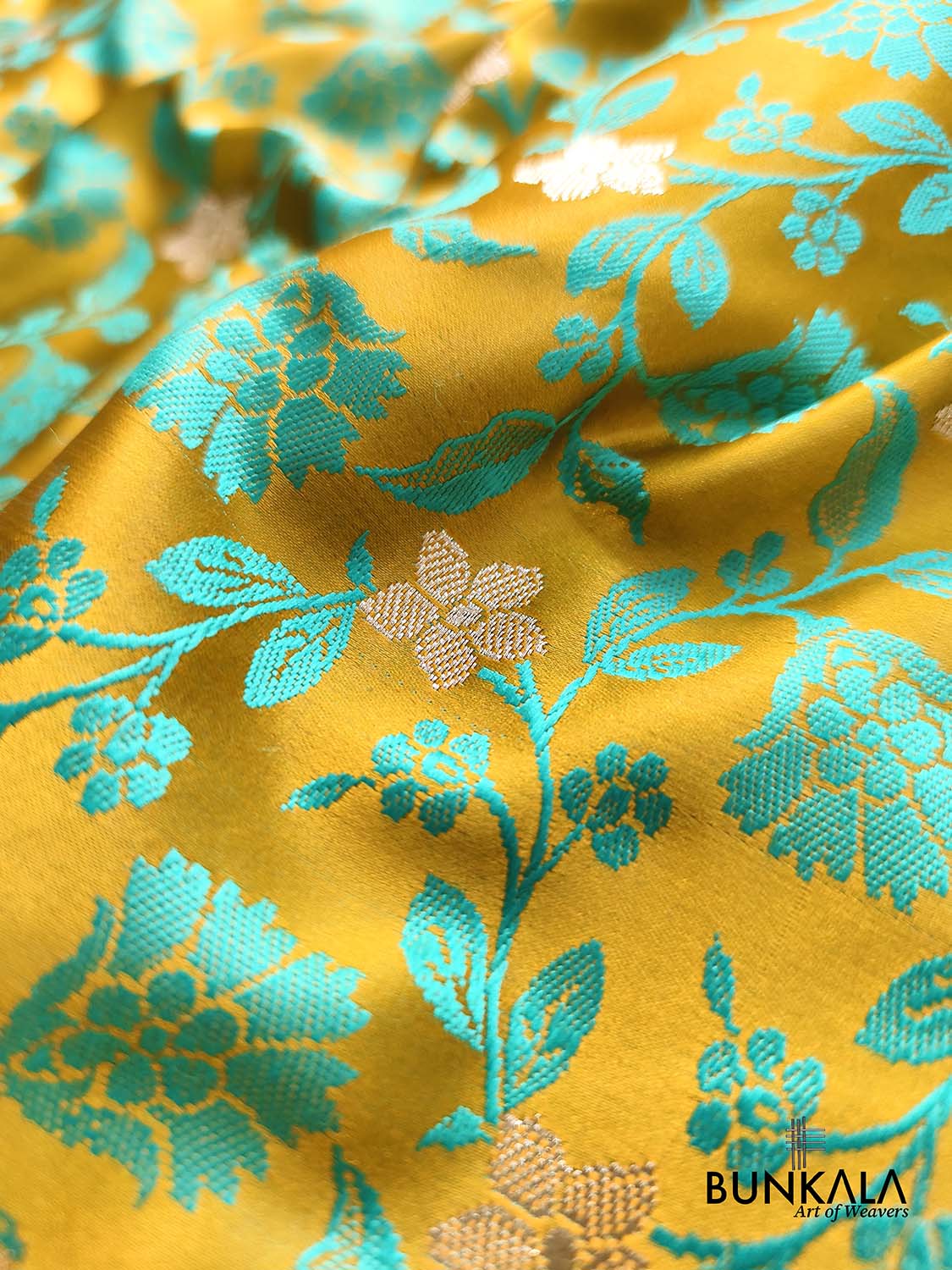 Mustard Yellow Jamewar Turquoise Blue Floral Jaal Weaved Banarasi Mashru Silk Saree