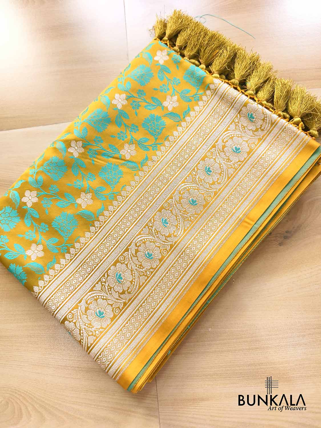 Mustard Yellow Jamewar Turquoise Blue Floral Jaal Weaved Banarasi Mashru Silk Saree