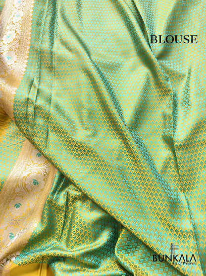 Mustard Yellow Jamewar Turquoise Blue Floral Jaal Weaved Banarasi Mashru Silk Saree