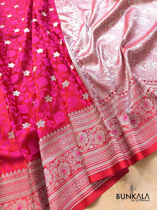 Hot Pink Jamewar Floral Jaal Weaved Banarasi Mashru Silk Saree