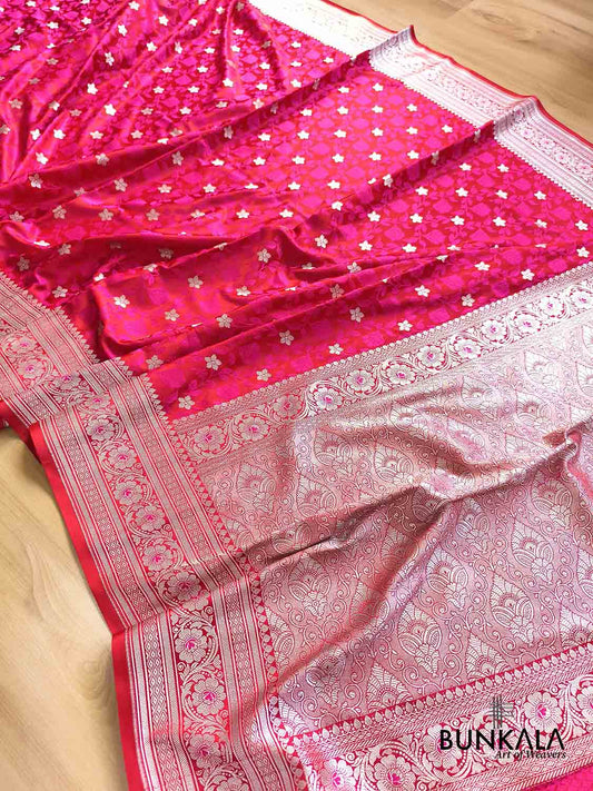 Hot Pink Jamewar Floral Jaal Weaved Banarasi Mashru Silk Saree