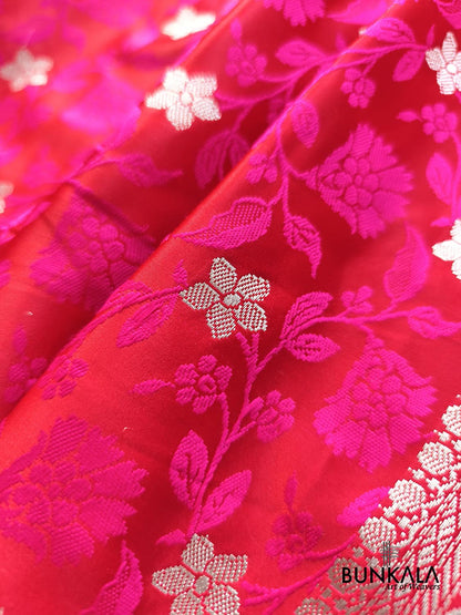 Hot Pink Jamewar Floral Jaal Weaved Banarasi Mashru Silk Saree