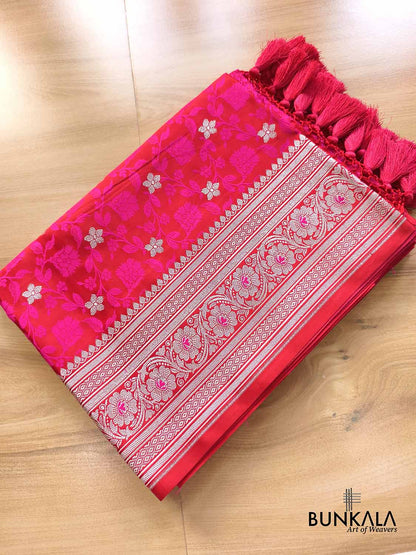 Hot Pink Jamewar Floral Jaal Weaved Banarasi Mashru Silk Saree