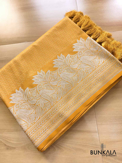 Rich Mustard Yellow Jamewar Chevron Konia Floral Border Weaved Banarasi Mashru Silk Saree