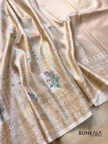White Flower Brocade Meenakari Weaved Banarasi Mashru Silk Saree