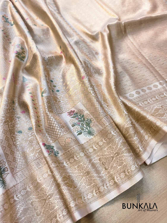White Flower Brocade Meenakari Weaved Banarasi Mashru Silk Saree