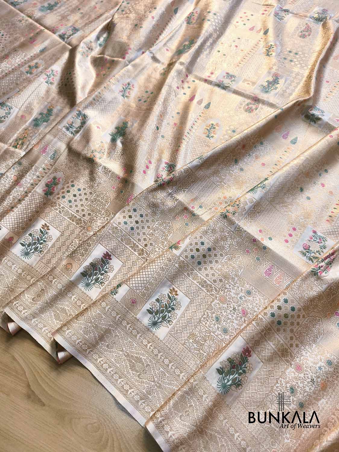 White Flower Brocade Meenakari Weaved Banarasi Mashru Silk Saree