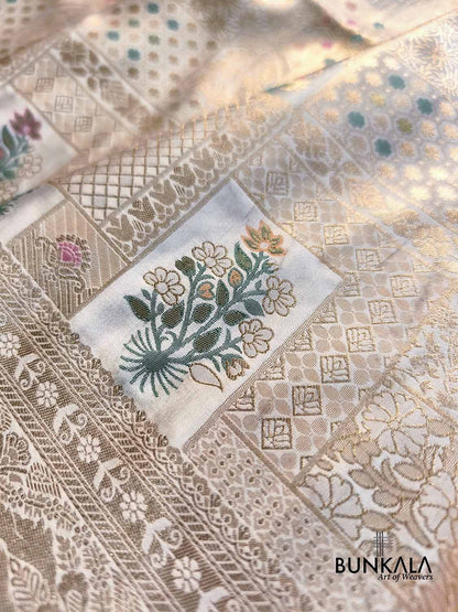 White Flower Brocade Meenakari Weaved Banarasi Mashru Silk Saree