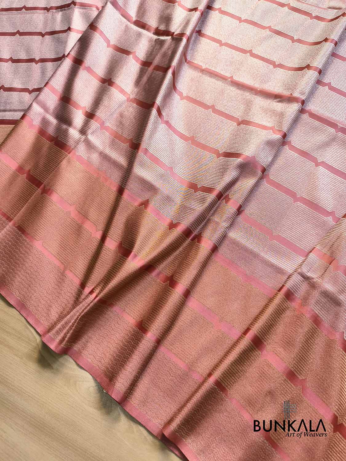 Champion Pink Geometrical Stripe Pattern Weaved Banarasi Mashru Silk Saree