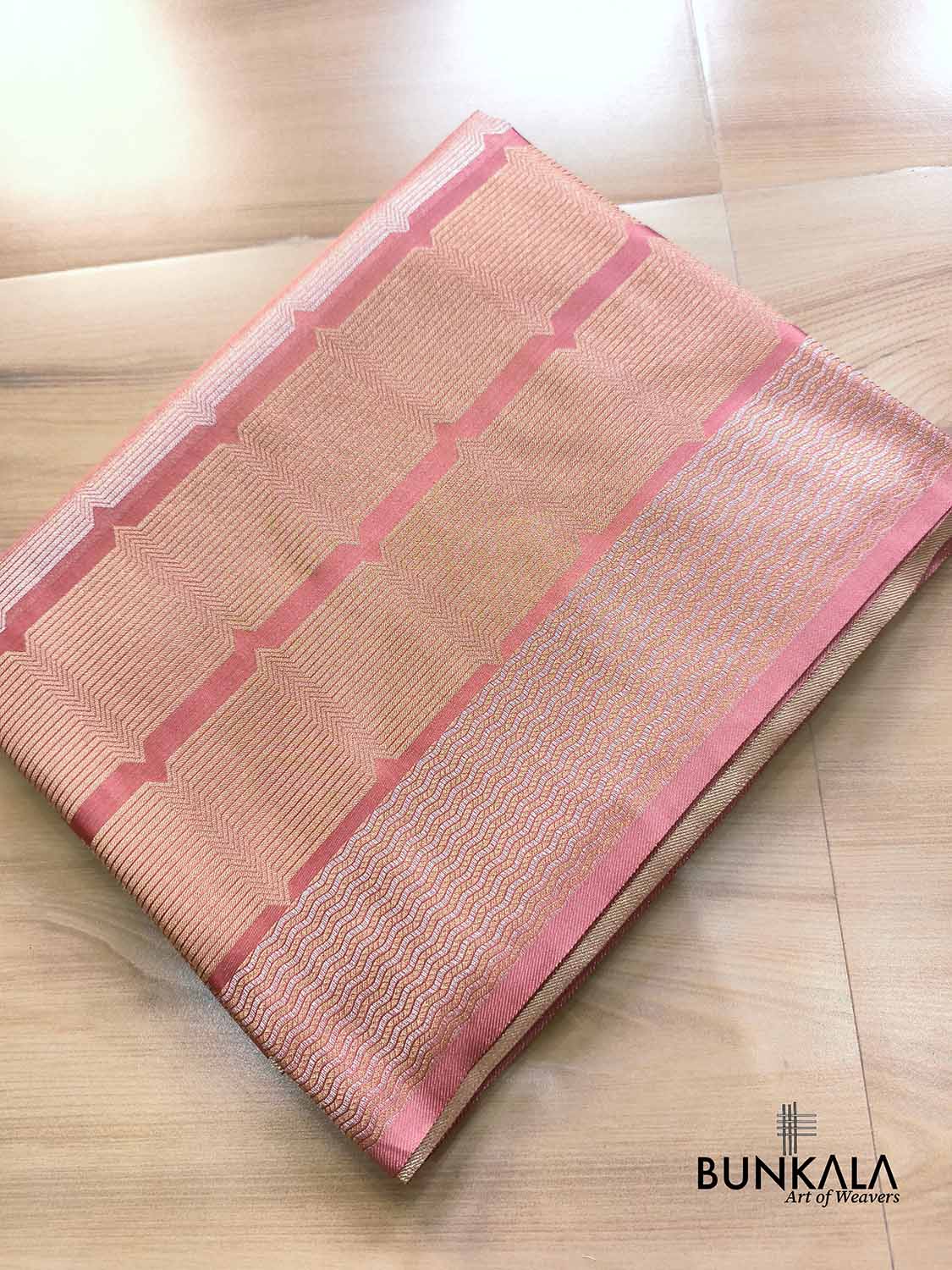 Champion Pink Geometrical Stripe Pattern Weaved Banarasi Mashru Silk Saree