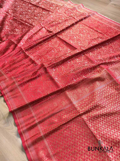 Red Shikargha Sona Rupa Weaved Banarasi Mashru Silk Saree