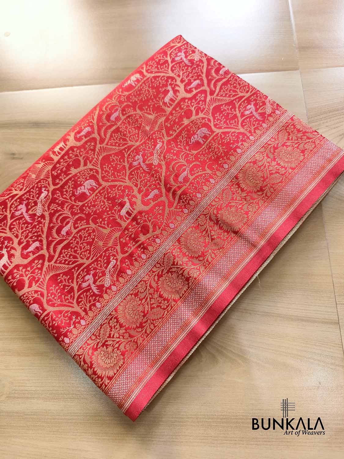Red Shikargha Sona Rupa Weaved Banarasi Mashru Silk Saree
