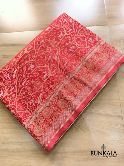 Red Shikargha Sona Rupa Weaved Banarasi Mashru Silk Saree