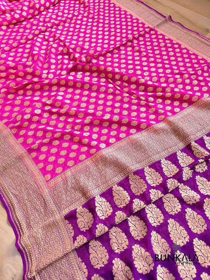 Pink Allover Small Buti Pure Georgette Handloom Banarasi Purple Contrast Border Saree