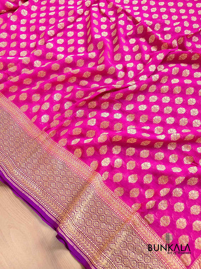 Pink Allover Small Buti Pure Georgette Handloom Banarasi Purple Contrast Border Saree