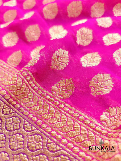 Pink Allover Small Buti Pure Georgette Handloom Banarasi Purple Contrast Border Saree