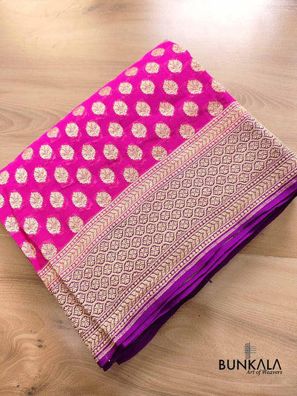 Pink Allover Small Buti Pure Georgette Handloom Banarasi Purple Contrast Border Saree