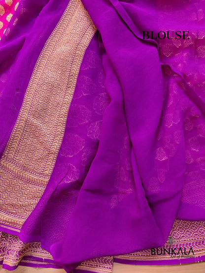 Pink Allover Small Buti Pure Georgette Handloom Banarasi Purple Contrast Border Saree
