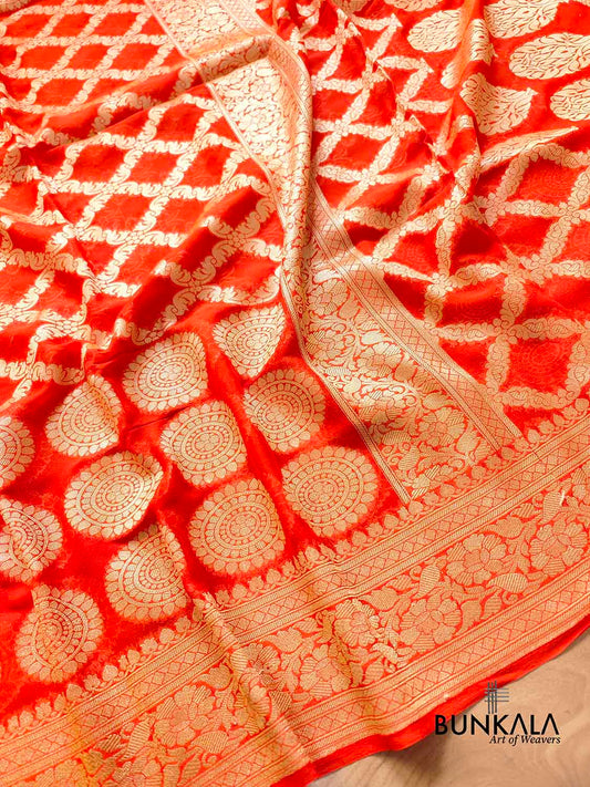 Bright Orange Pure Georgette Handloom Banarasi Saree