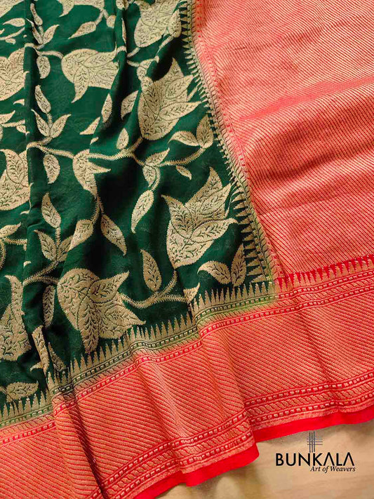 Bottle Green Pure Georgette Handloom Banarasi Saree with Red Contrast Border