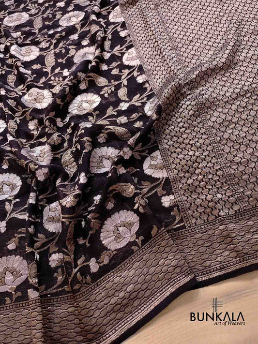 Jet Black Sona Rupa Pure Georgette Floral Jaal Design Handloom Banarasi Saree