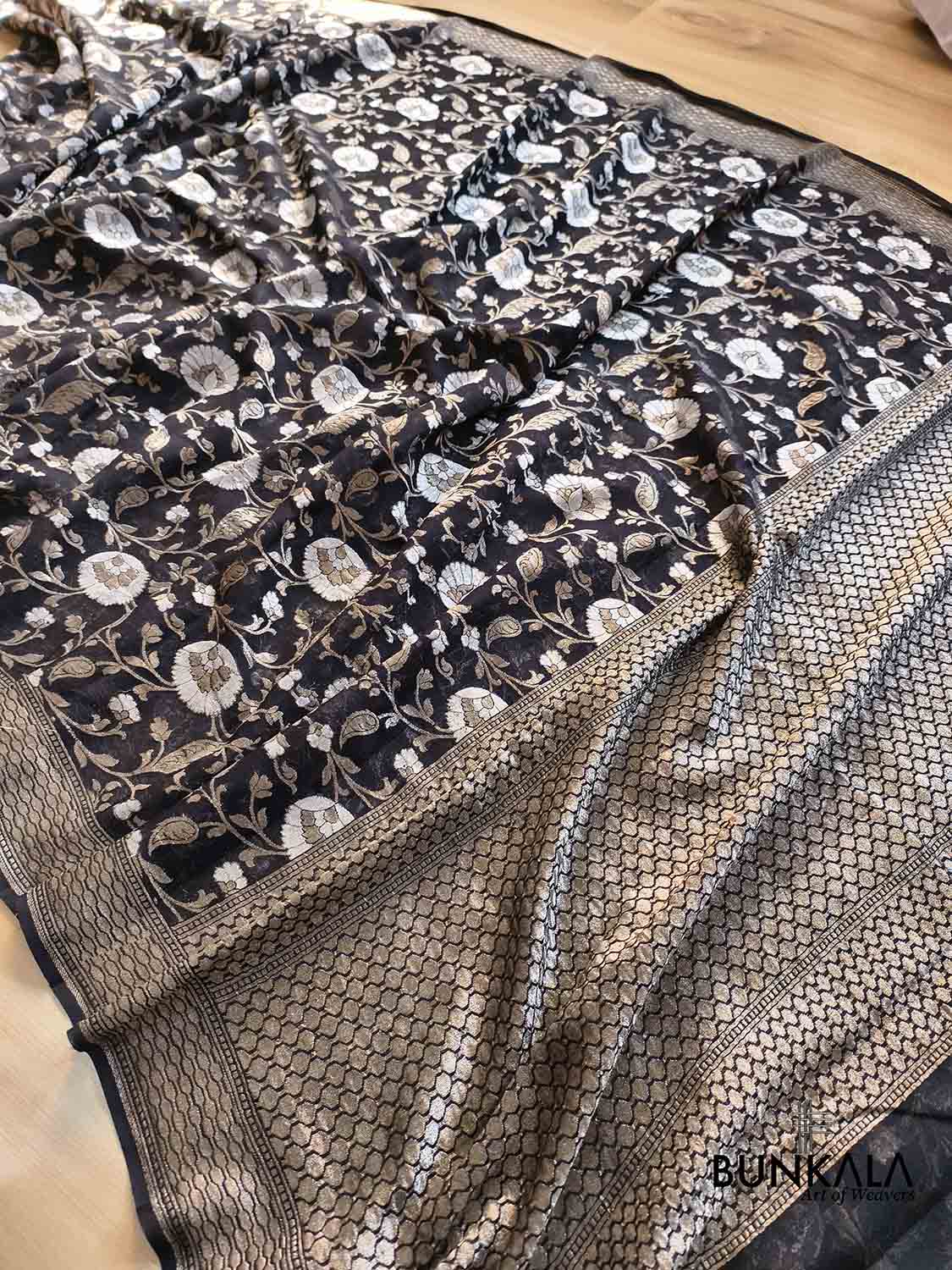 Jet Black Sona Rupa Pure Georgette Floral Jaal Design Handloom Banarasi Saree
