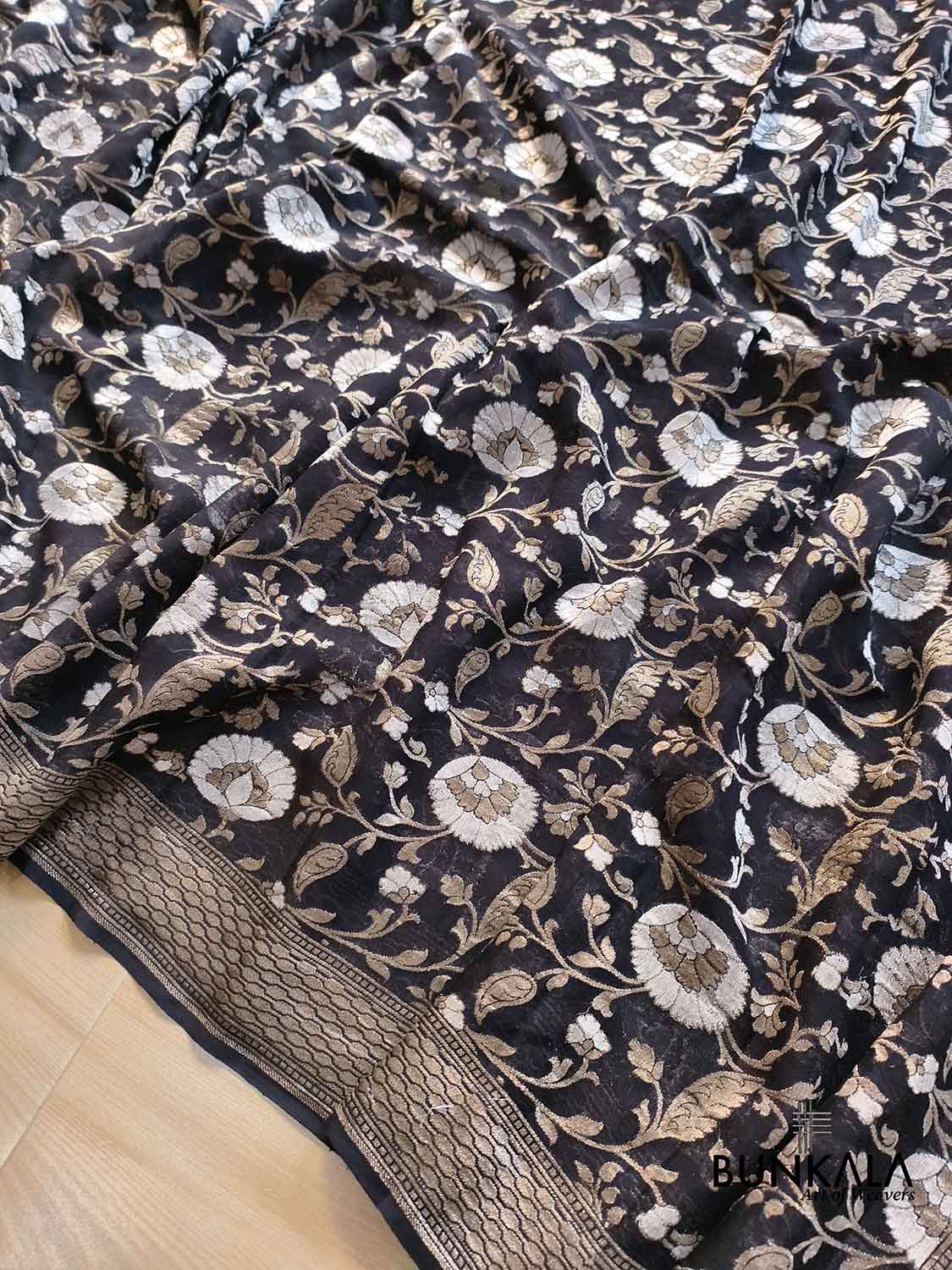 Jet Black Sona Rupa Pure Georgette Floral Jaal Design Handloom Banarasi Saree