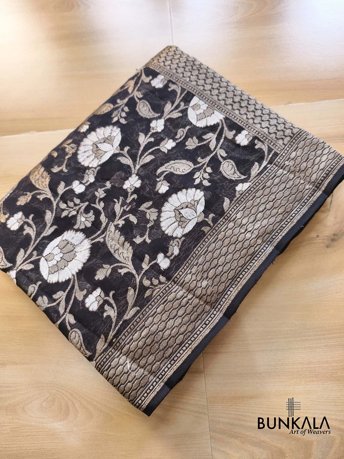Jet Black Sona Rupa Pure Georgette Floral Jaal Design Handloom Banarasi Saree