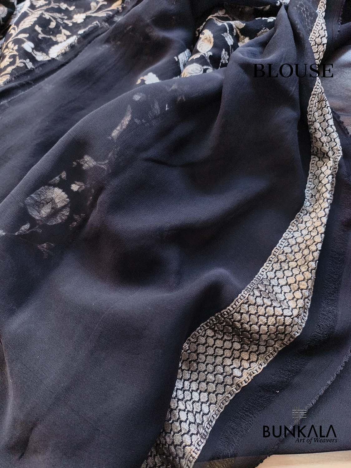 Jet Black Sona Rupa Pure Georgette Floral Jaal Design Handloom Banarasi Saree