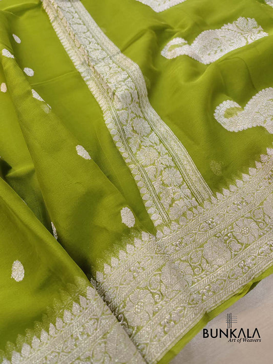 Mehendi Green Allover Silver Zari Buti Handloom Banarasi Pure Khaddi Chiffon Saree