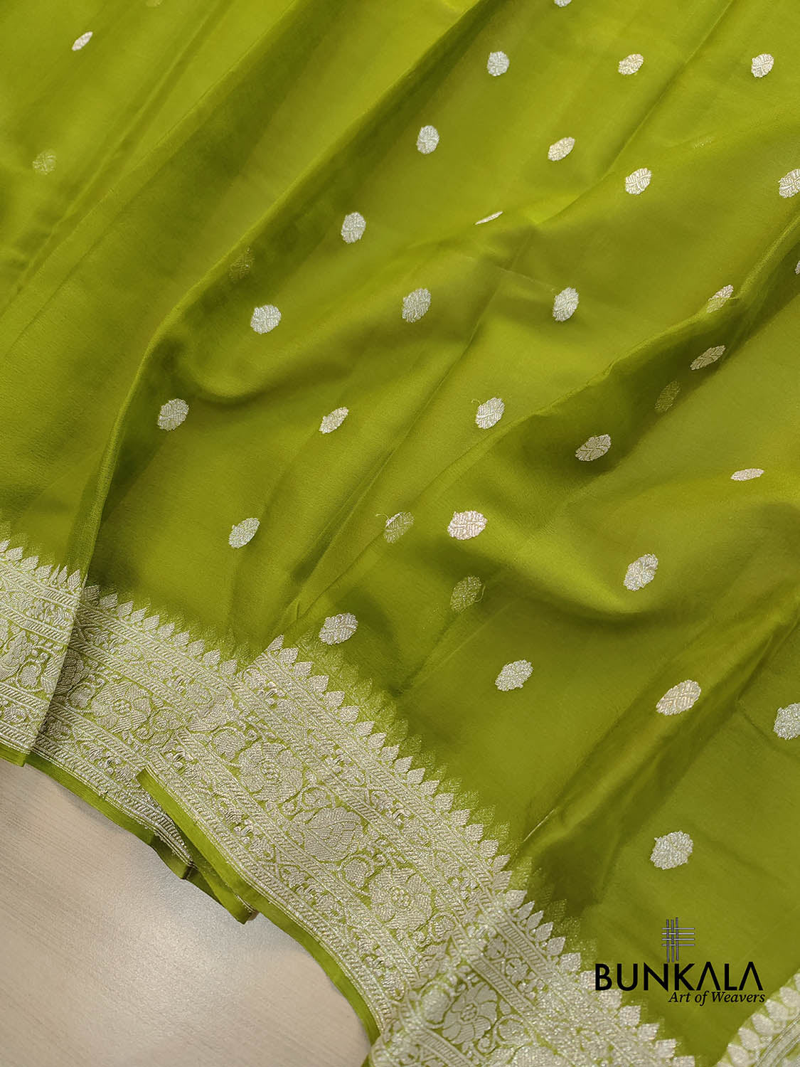 Mehendi Green Allover Silver Zari Buti Handloom Banarasi Pure Khaddi Chiffon Saree