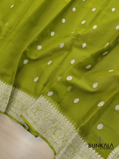 Mehendi Green Allover Silver Zari Buti Handloom Banarasi Pure Khaddi Chiffon Saree