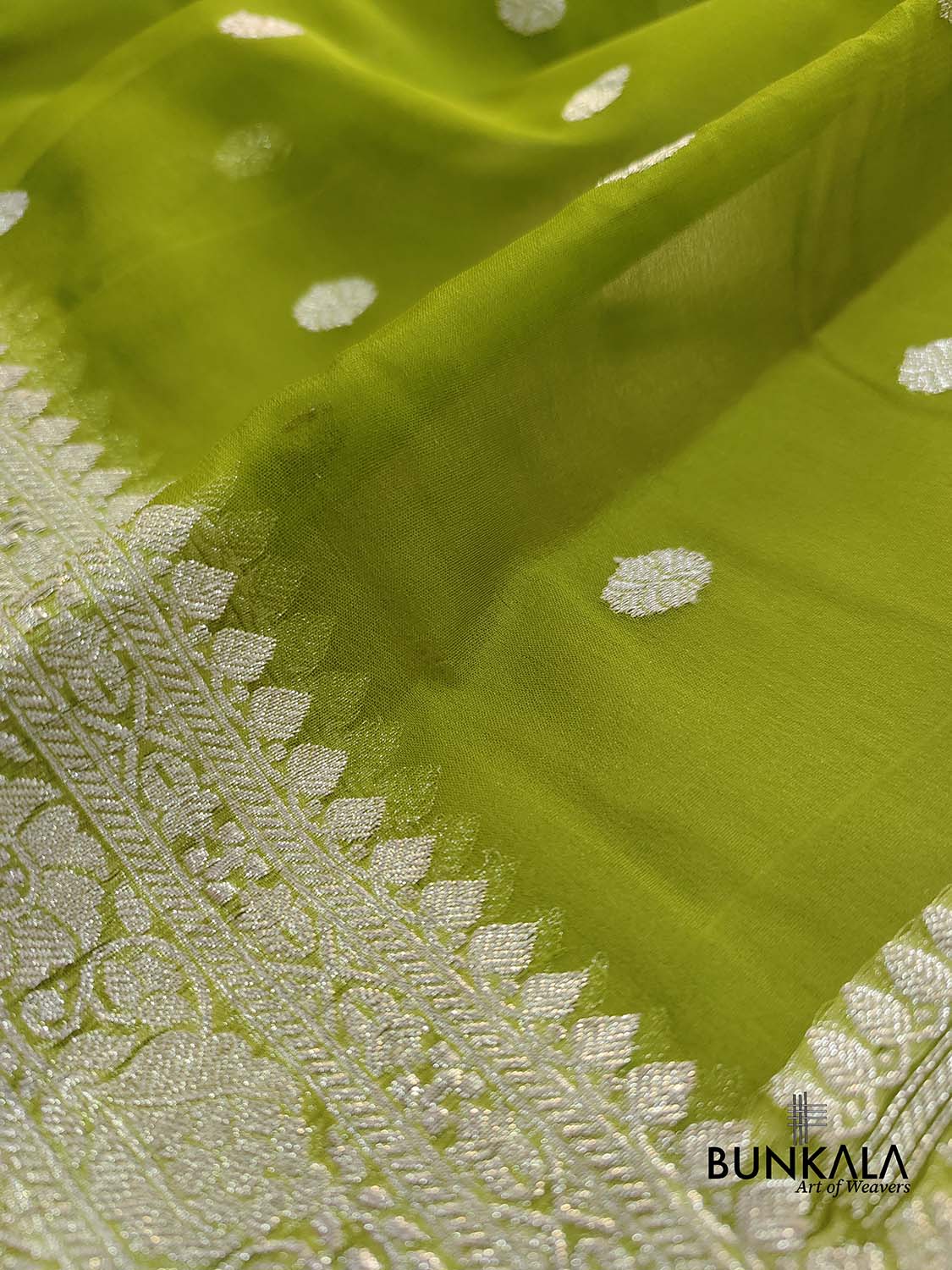 Mehendi Green Allover Silver Zari Buti Handloom Banarasi Pure Khaddi Chiffon Saree