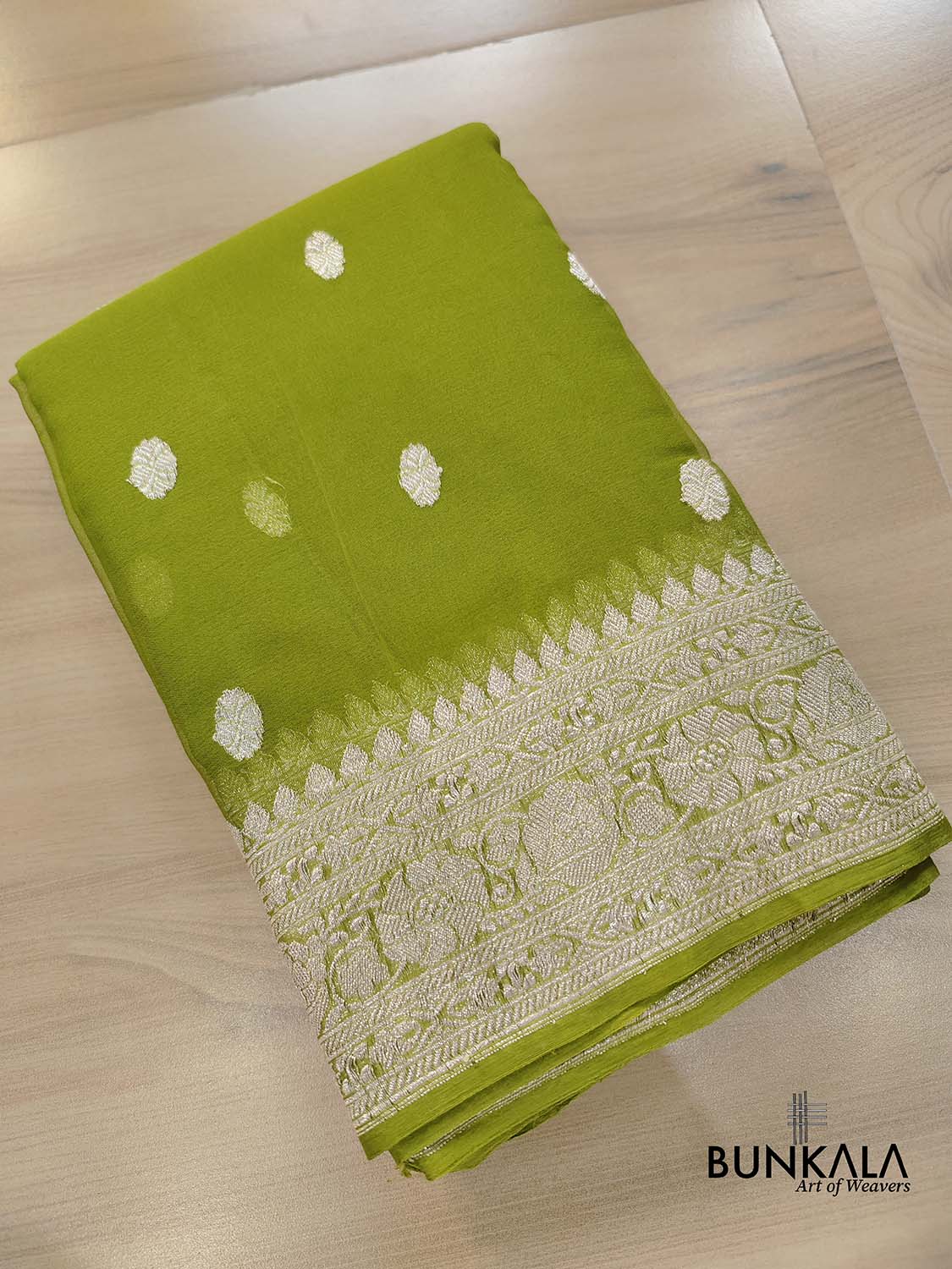 Mehendi Green Allover Silver Zari Buti Handloom Banarasi Pure Khaddi Chiffon Saree