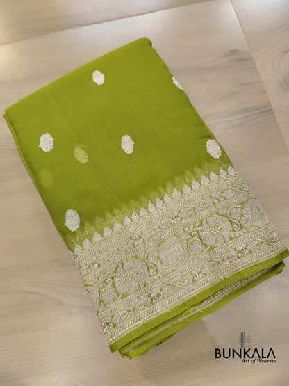 Mehendi Green Allover Silver Zari Buti Handloom Banarasi Pure Khaddi Chiffon Saree