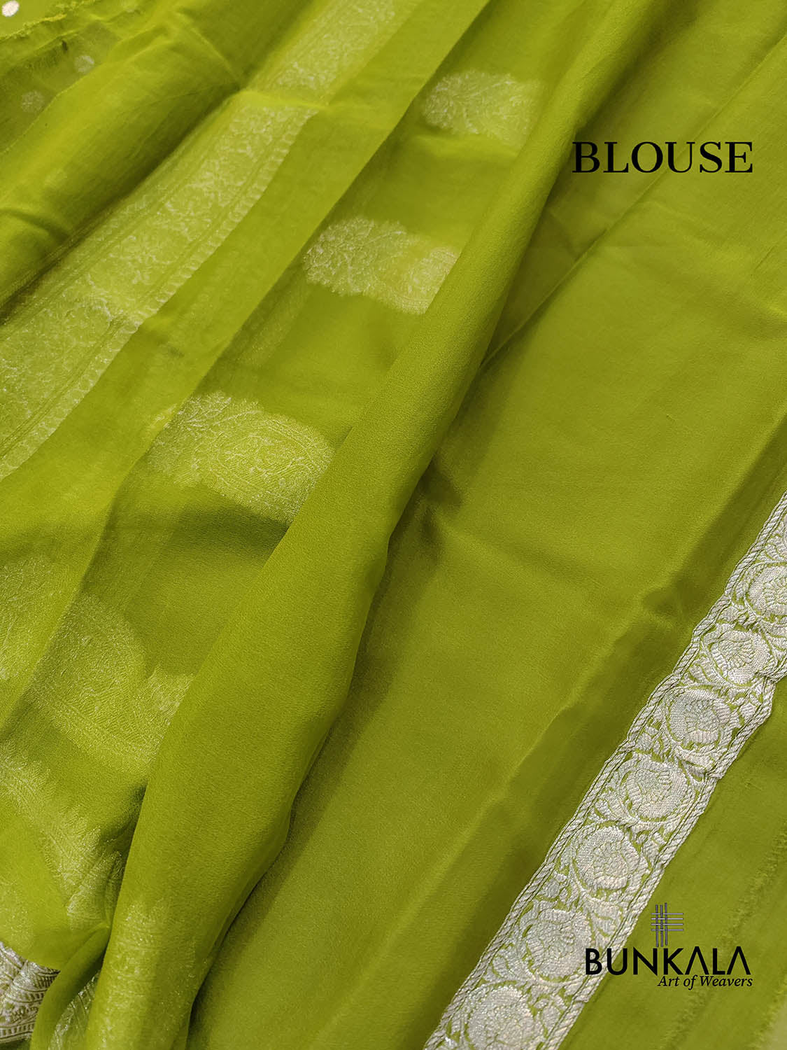 Mehendi Green Allover Silver Zari Buti Handloom Banarasi Pure Khaddi Chiffon Saree